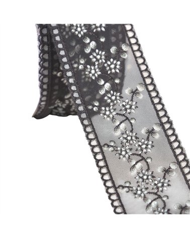 Galon brodé fleurs 45mm noir au mètre