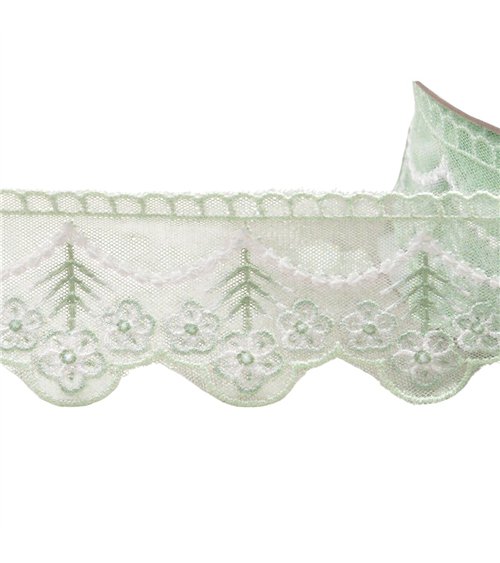 Galon brodé fleurs 35mm vert nil au mètre
