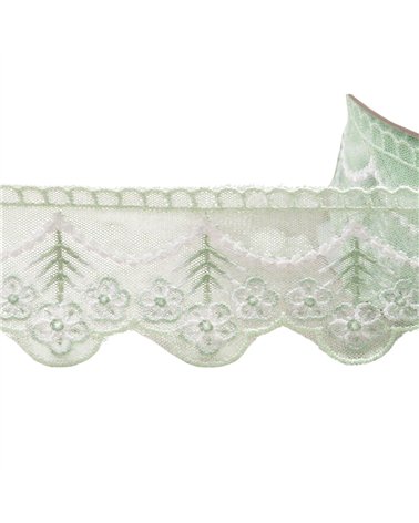 Galon brodé fleurs 35mm vert nil au mètre