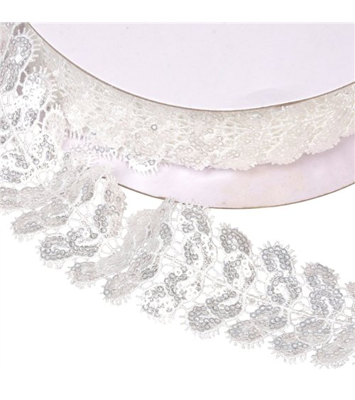 Galon brodé paillettes 40mm blanc au mètre