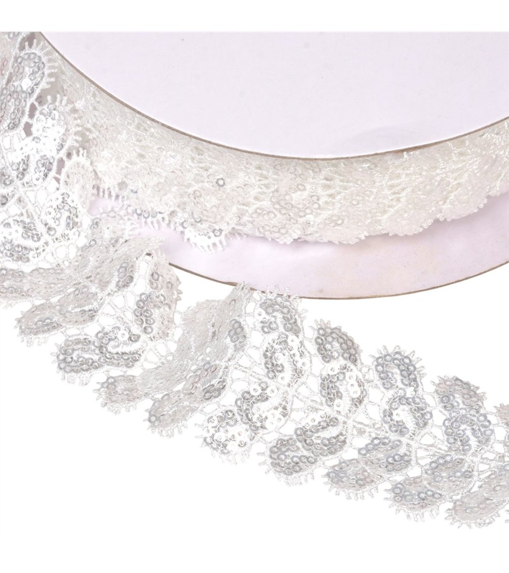 Galon brodé paillettes 40mm blanc au mètre