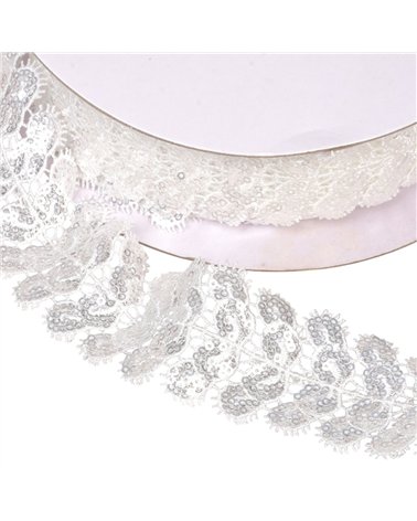 Galon brodé paillettes 40mm blanc au mètre