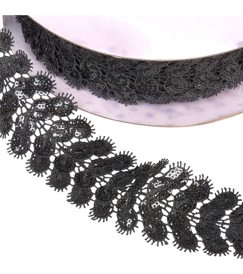 Galon brodé paillettes 40mm noir au mètre