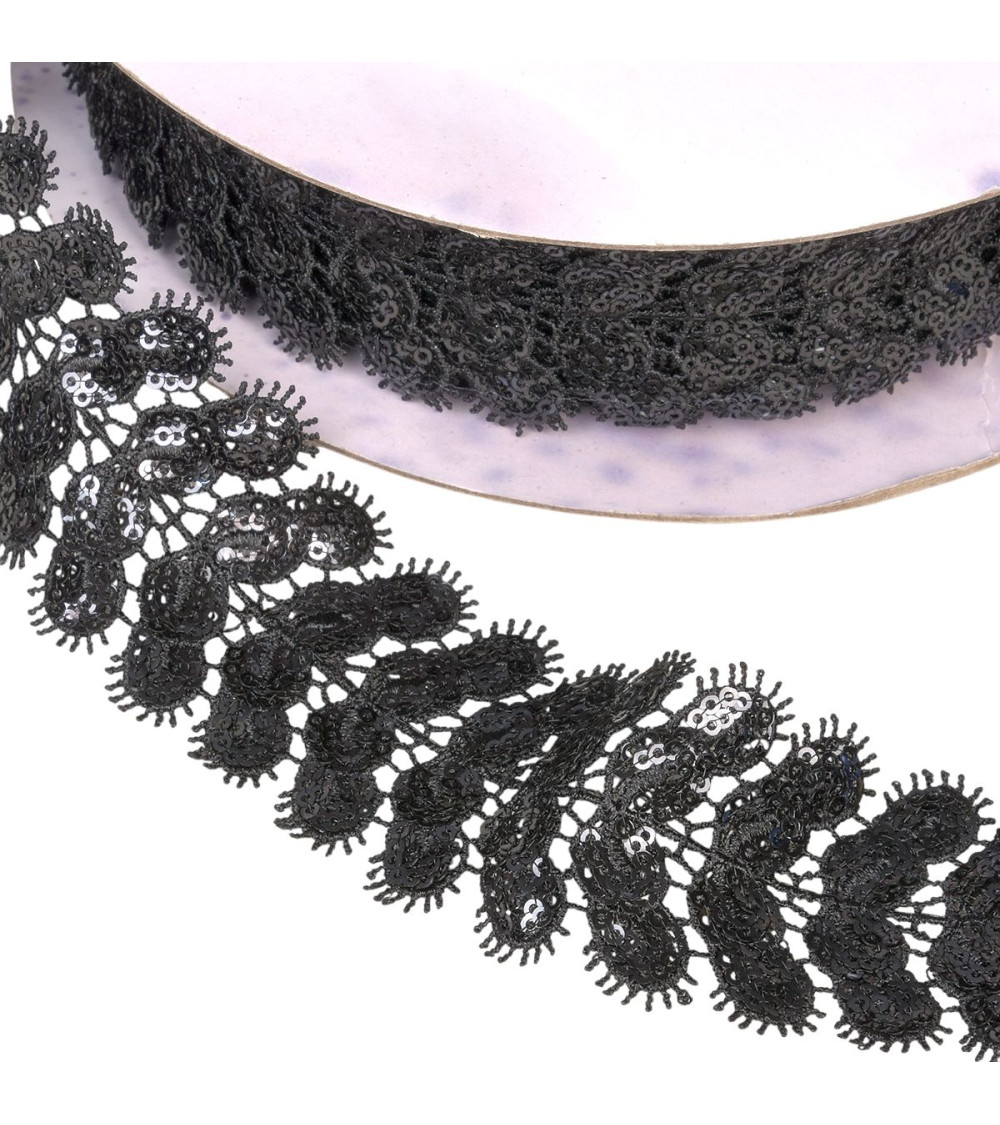 Gesticktes Paillettenband, 40 mm, Schwarz, Meterware