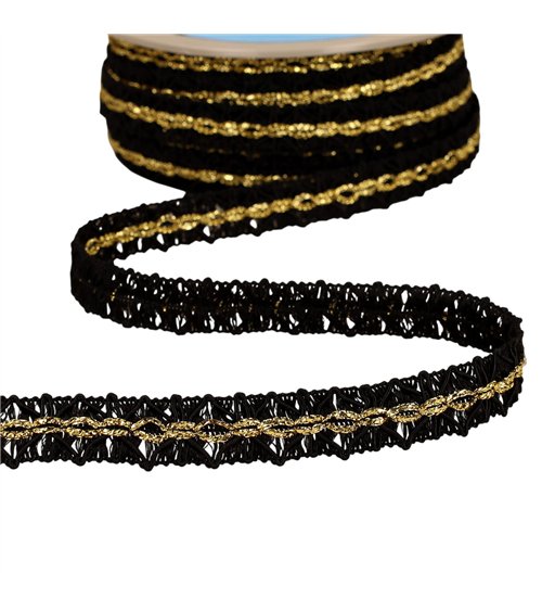 Galon losanges avec surpiqûres or 18mm noir au mètre