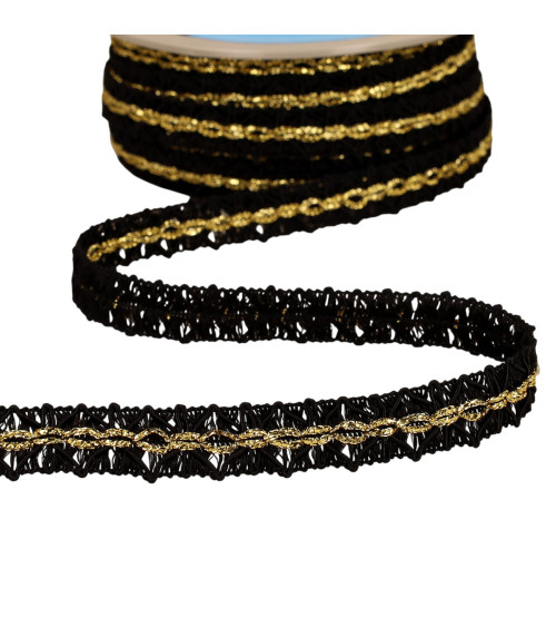 Trenza de diamantes con costura dorada 18mm negro al metro