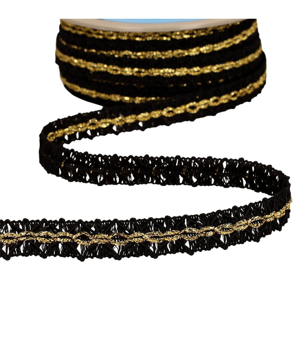 Galon losanges avec surpiqûres or 18mm noir au mètre