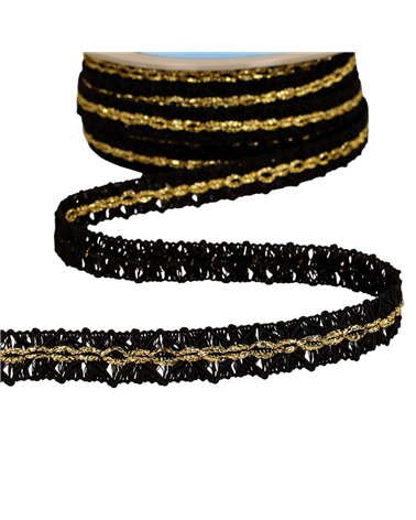Galon losanges avec surpiqûres or 18mm noir au mètre