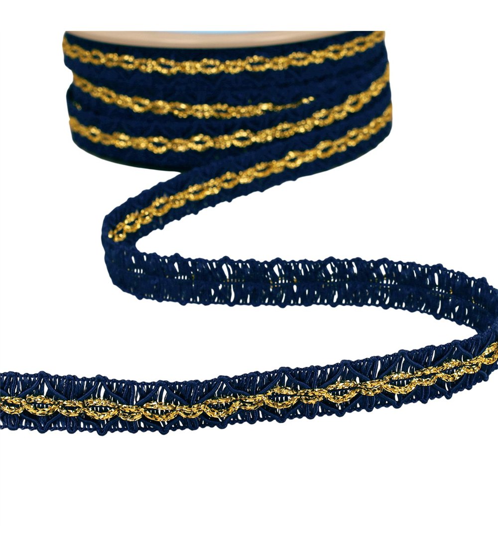 Galon losanges avec surpiqûres or 18mm bleu marine au mètre