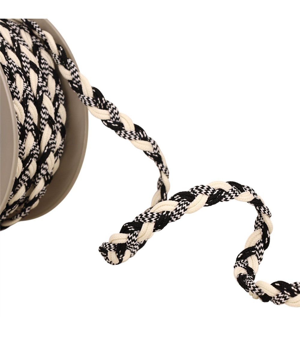 Tresse 6 cordons 12mm noir blanc au mètre