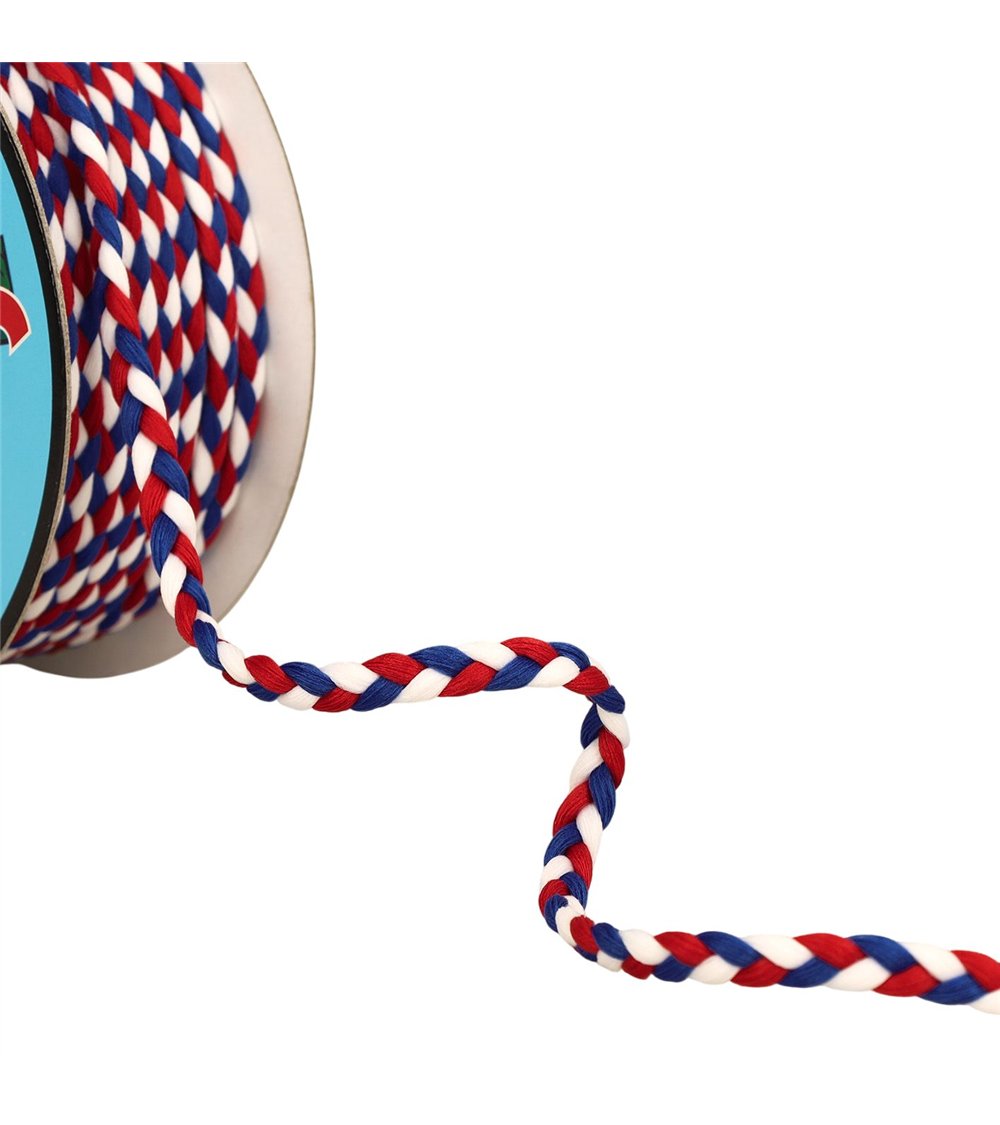 Tresse tricolore 3 brins 7mm bleu blanc rouge au mètre