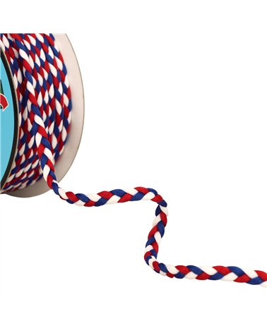 Tresse tricolore 3 brins 7mm bleu blanc rouge au mètre