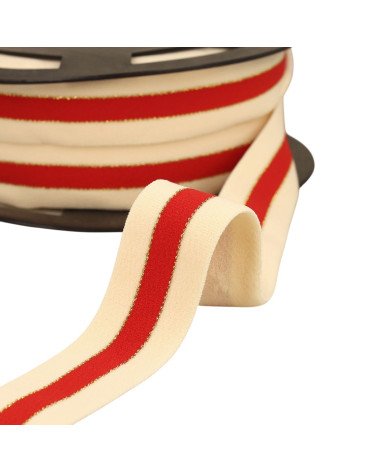 Elástico bicolor con bordes dorados y plateados 32mm crudo/rojo/oro por metro
