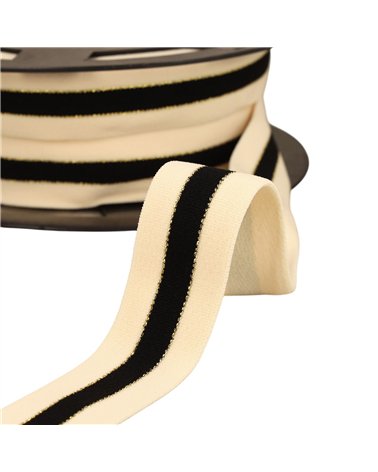Elastique bicolore lisières or et argent 32mm écru/noir/or au mètre
