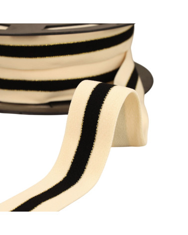 Two-tone elastic with gold and silver edges 32mm ecru/black/gold by the meter