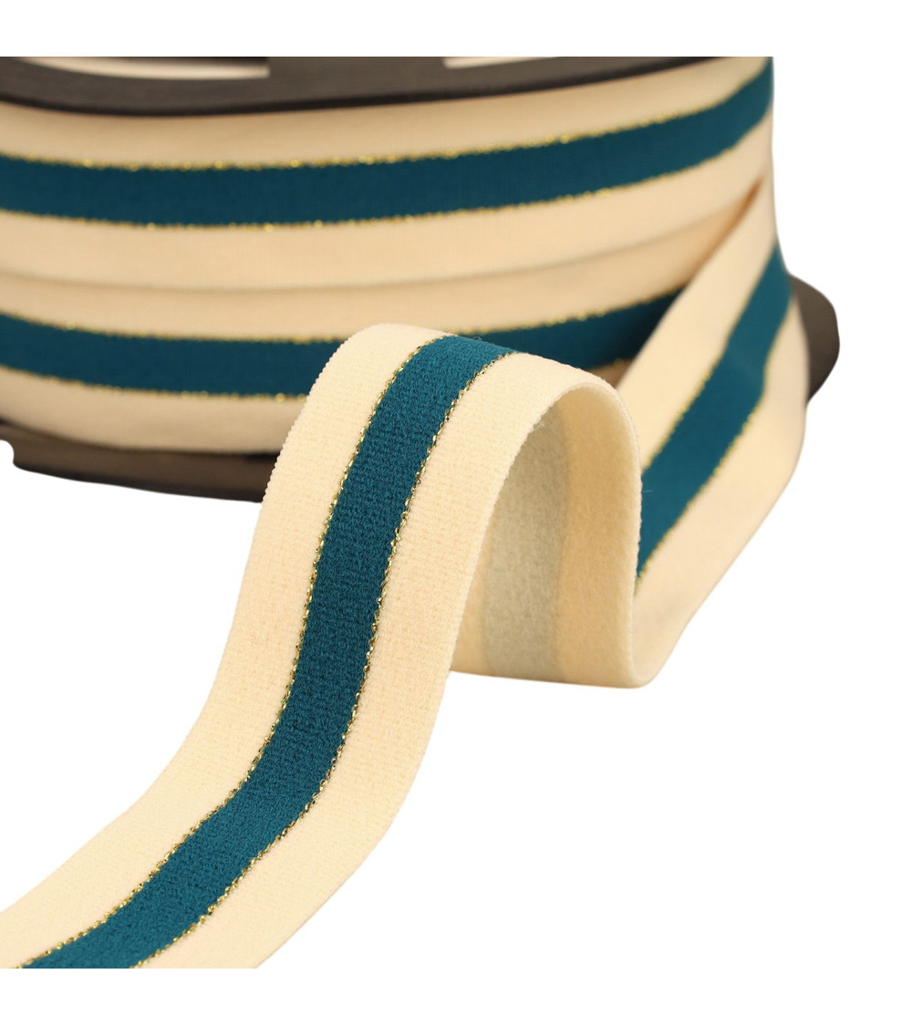 Two-tone elastic with gold and silver edges 32mm ecru/duck blue/gold by the meter