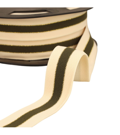 Zweifarbiges Gummiband mit Gold- und Silberrändern, 32 mm, Ecru/Khaki/Gold, Meterware