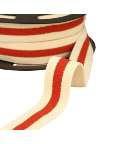 Two-tone elastic with gold and silver edges 32mm ecru/burgundy/gold by the meter