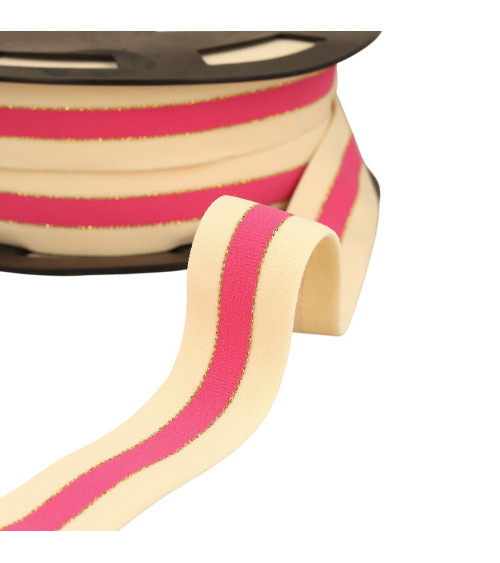 Elástico bicolor con bordes dorados y plateados 32mm crudo/rosa/oro por metro