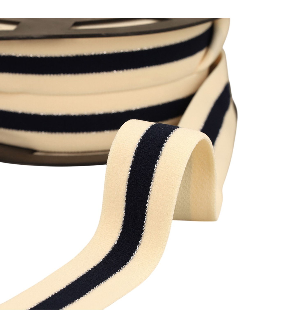 Two-tone elastic with gold and silver edges 32mm ecru/navy/silver by the meter
