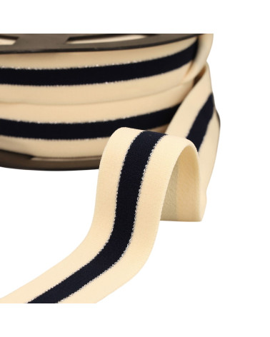 Elastico bicolore con bordi oro e argento 32 mm ecru/blu navy/argento al metro