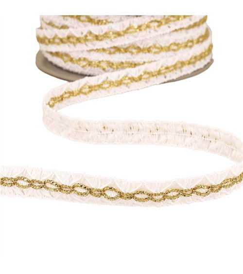 Galon losanges avec surpiqûres or 18mm blanc au mètre