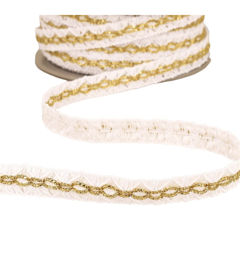 Galon losanges avec surpiqûres or 18mm blanc au mètre