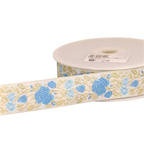 Bobine 18m galon jacquard roses 33mm bleu