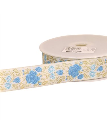 Bobine 18m galon jacquard roses 33mm bleu
