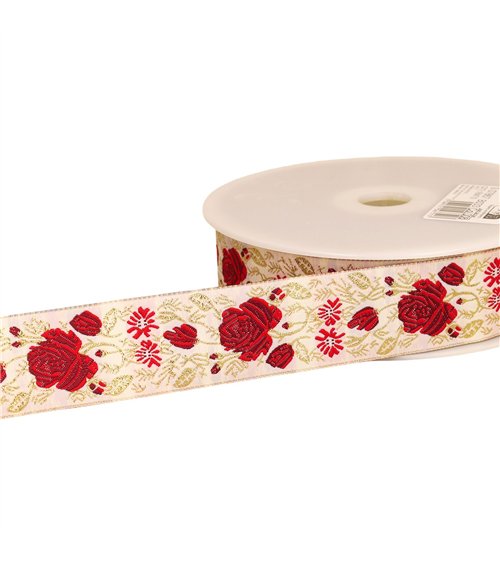 Bobine 18m galon jacquard roses 33mm rouge