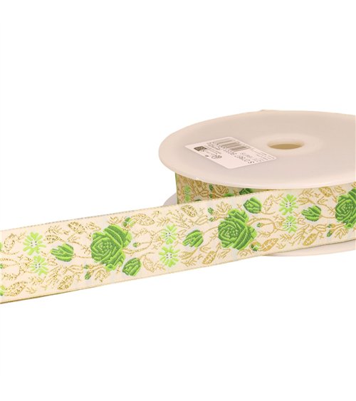 Bobine 18m galon jacquard roses 33mm vert