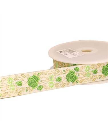 Bobine 18m galon jacquard roses 33mm vert