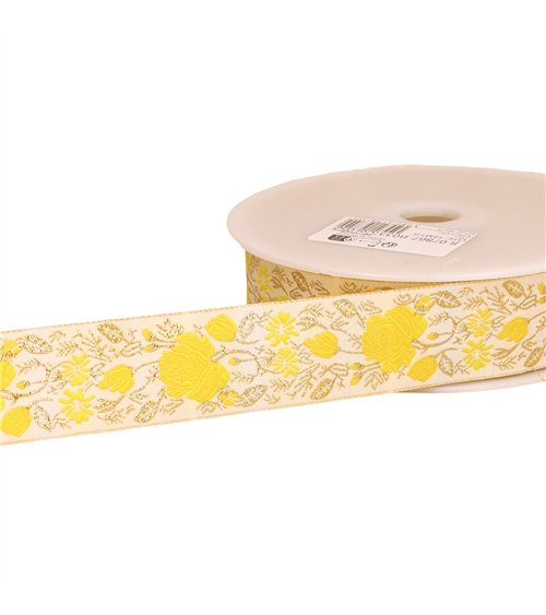 Bobine 18m galon jacquard roses 33mm jaune