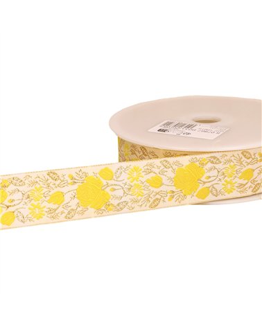 Bobine 18m galon jacquard roses 33mm jaune