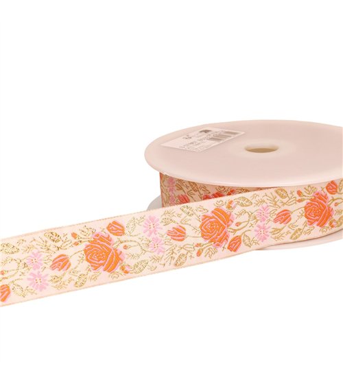 Bobine 18m galon jacquard roses 33mm rose