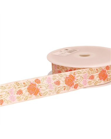 Bobine 18m galon jacquard roses 33mm rose