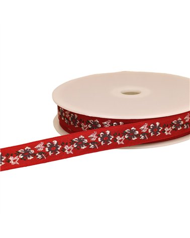 Bobine 22m galon jacquard fleurs 20mm rouge