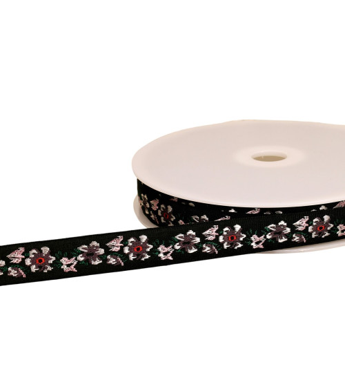 Bobina de 22m de trenza jacquard flor negra de 20mm