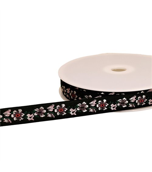 Bobine 22m galon jacquard fleurs 20mm noir