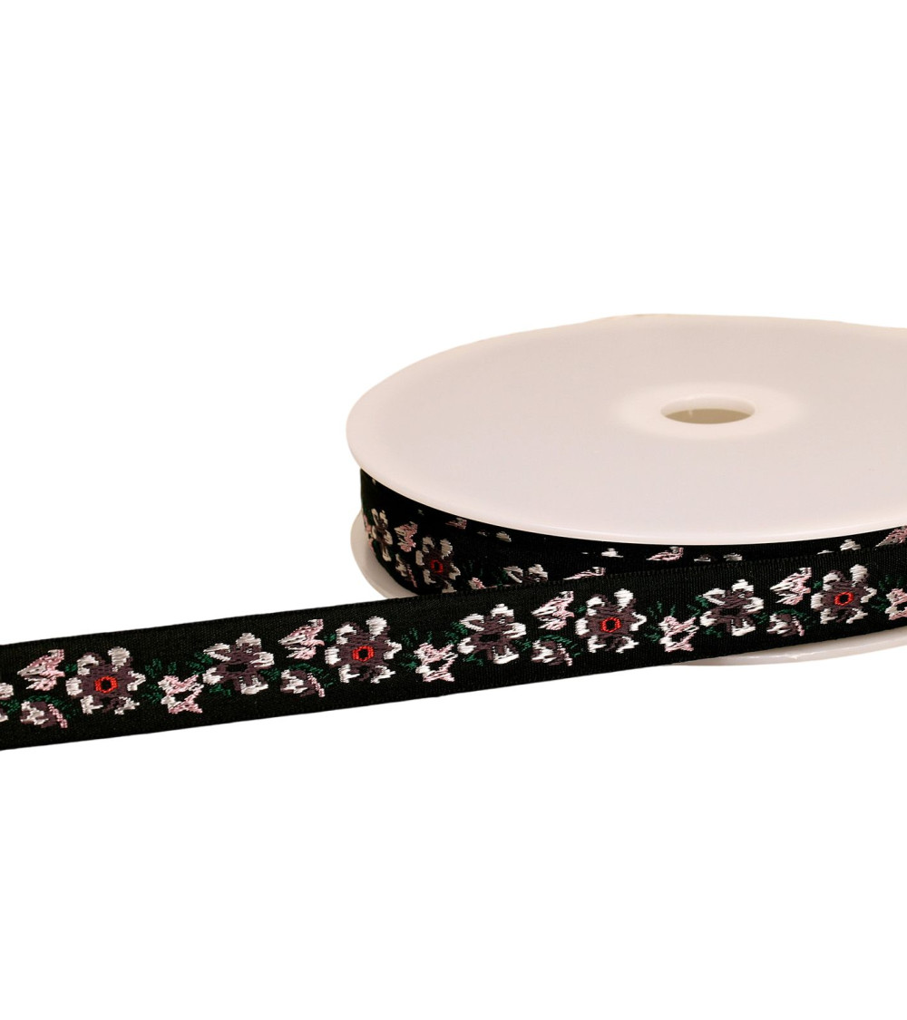 Bobina da 22 m di treccia jacquard a fiori neri da 20 mm