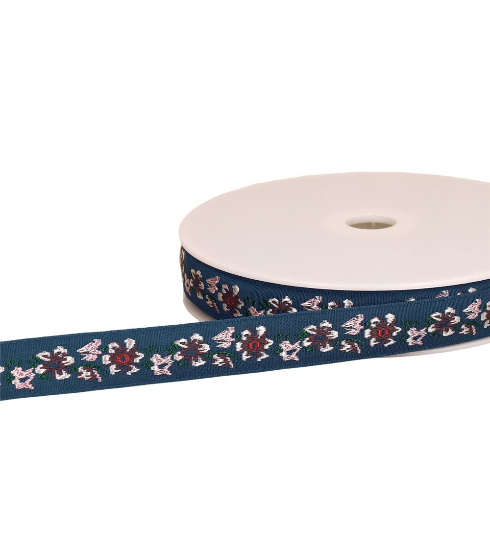 Bobine 22m galon jacquard fleurs 20mm bleu