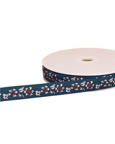 Bobine 22m galon jacquard fleurs 20mm bleu