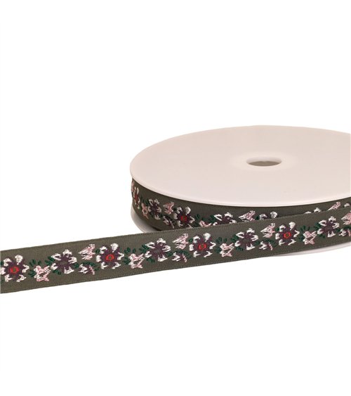 Bobine 22m galon jacquard fleurs 20mm gris
