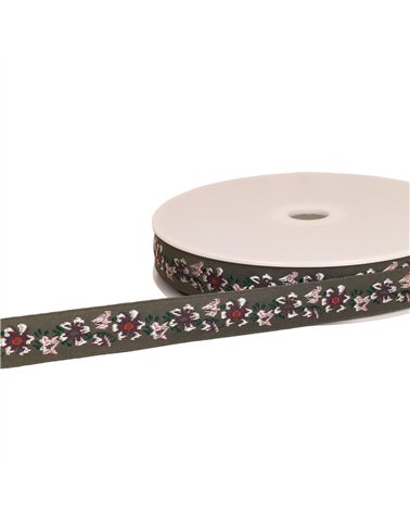 Bobine 22m galon jacquard fleurs 20mm gris