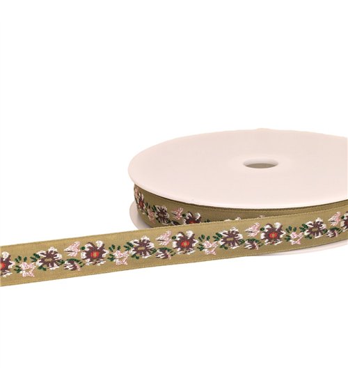 Bobine 22m galon jacquard fleurs 20mm beige