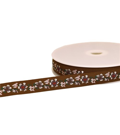 Bobine 22m galon jacquard fleurs 20mm marron