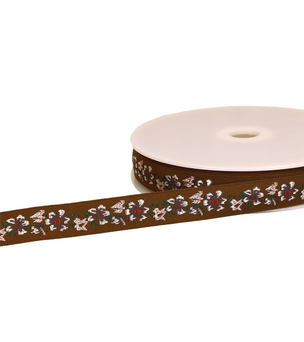 Bobine 22m galon jacquard fleurs 20mm marron