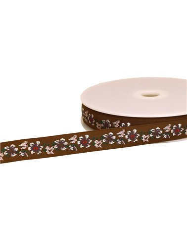 Bobine 22m galon jacquard fleurs 20mm marron