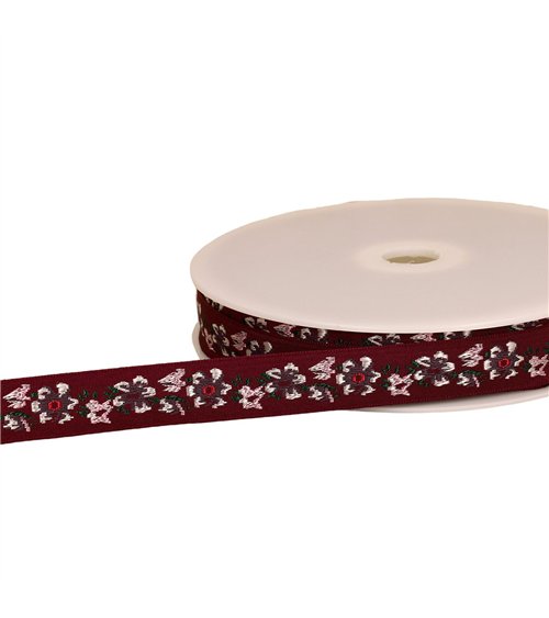 Bobine 22m galon jacquard fleurs 20mm rouge
