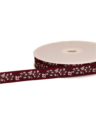 Bobine 22m galon jacquard fleurs 20mm rouge